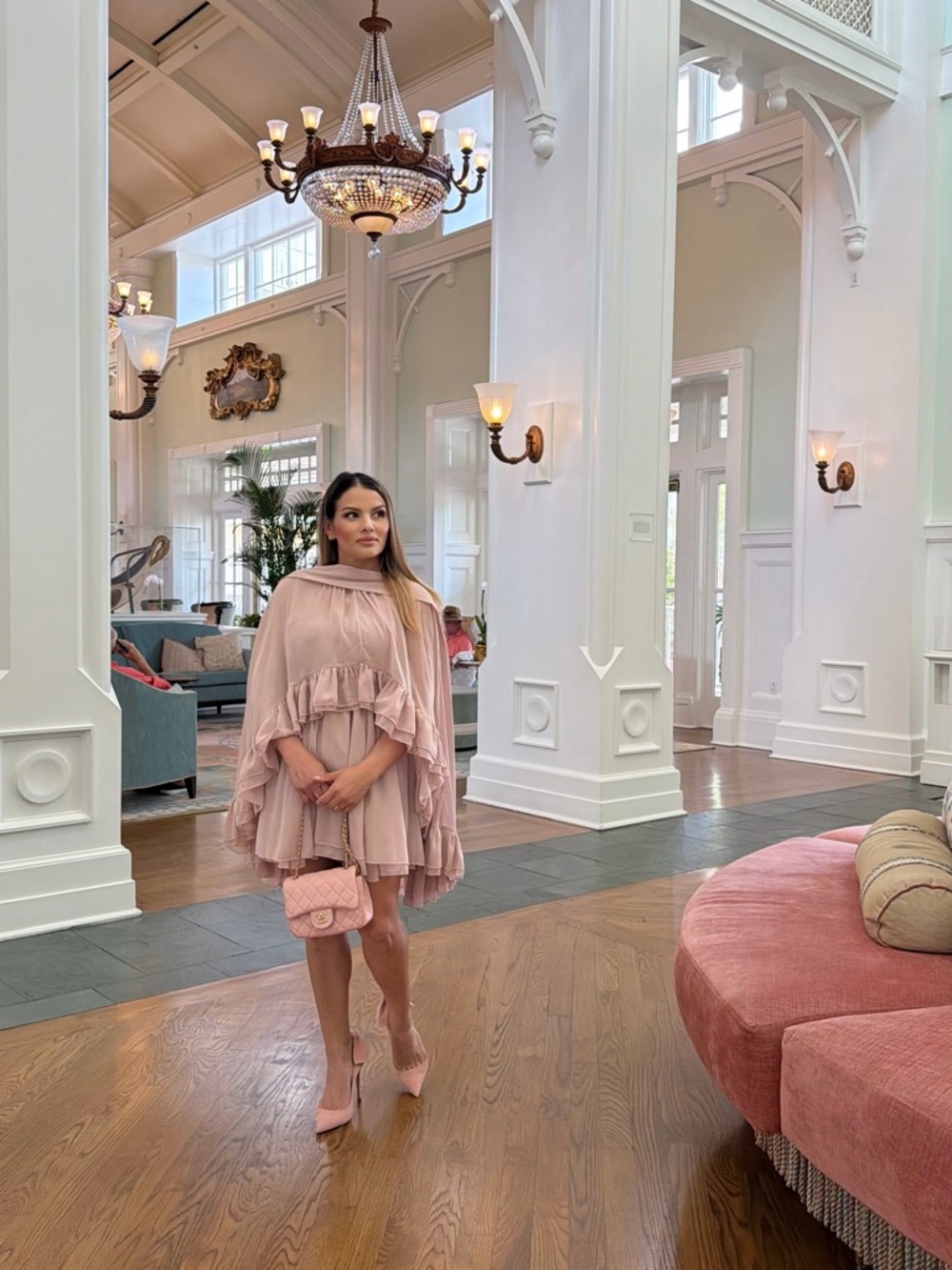 Women’s Ruffled Cape Mini Dress in Blush